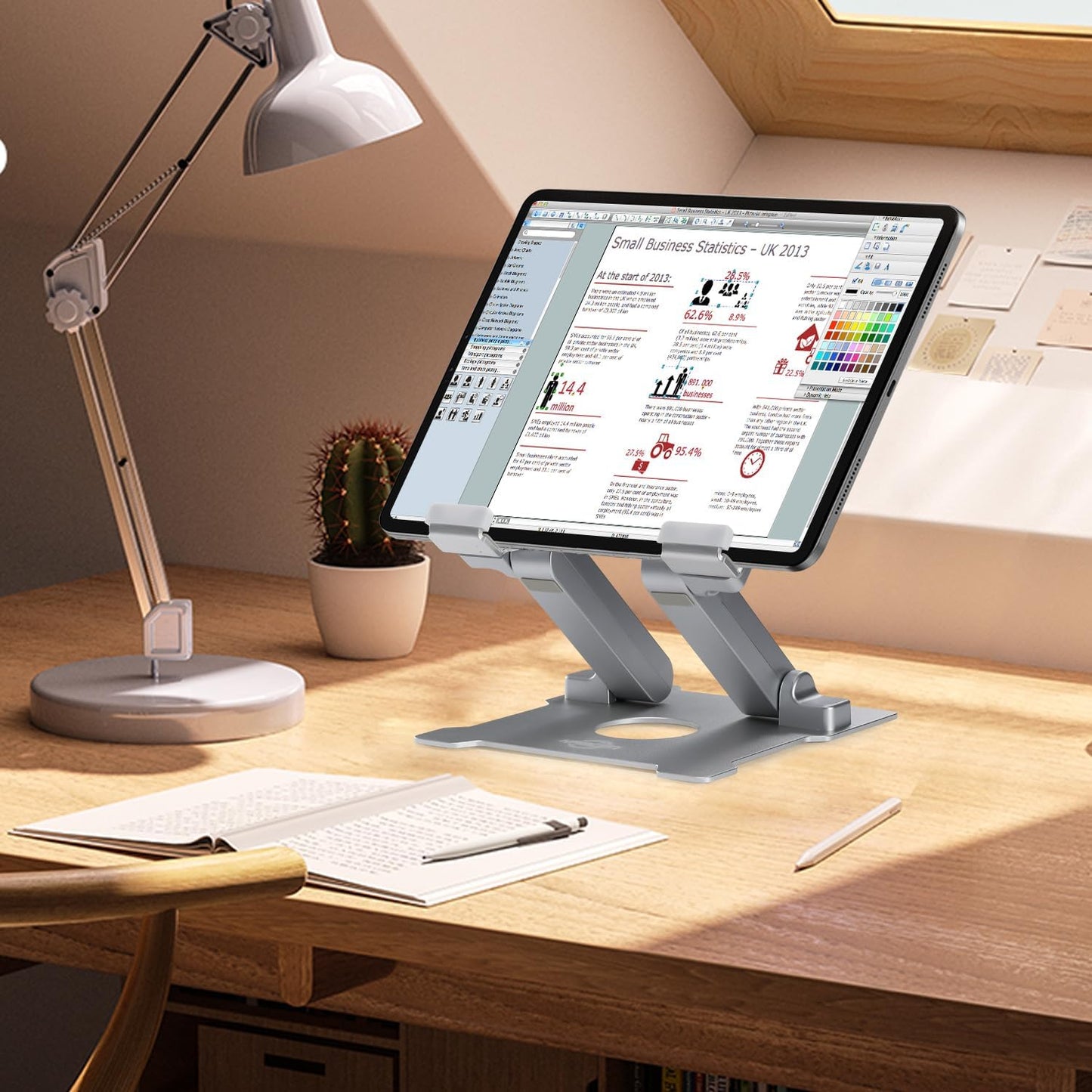 KABCON Quality Tablet Stand,Adjustable Foldable Eye-Level Aluminum Solid Up to 15-in Tablets Holder for Microsoft Surface Series Tablets,iPad Series,Samsung Galaxy Tabs,Amazon Kindle Fire,Etc.Silver