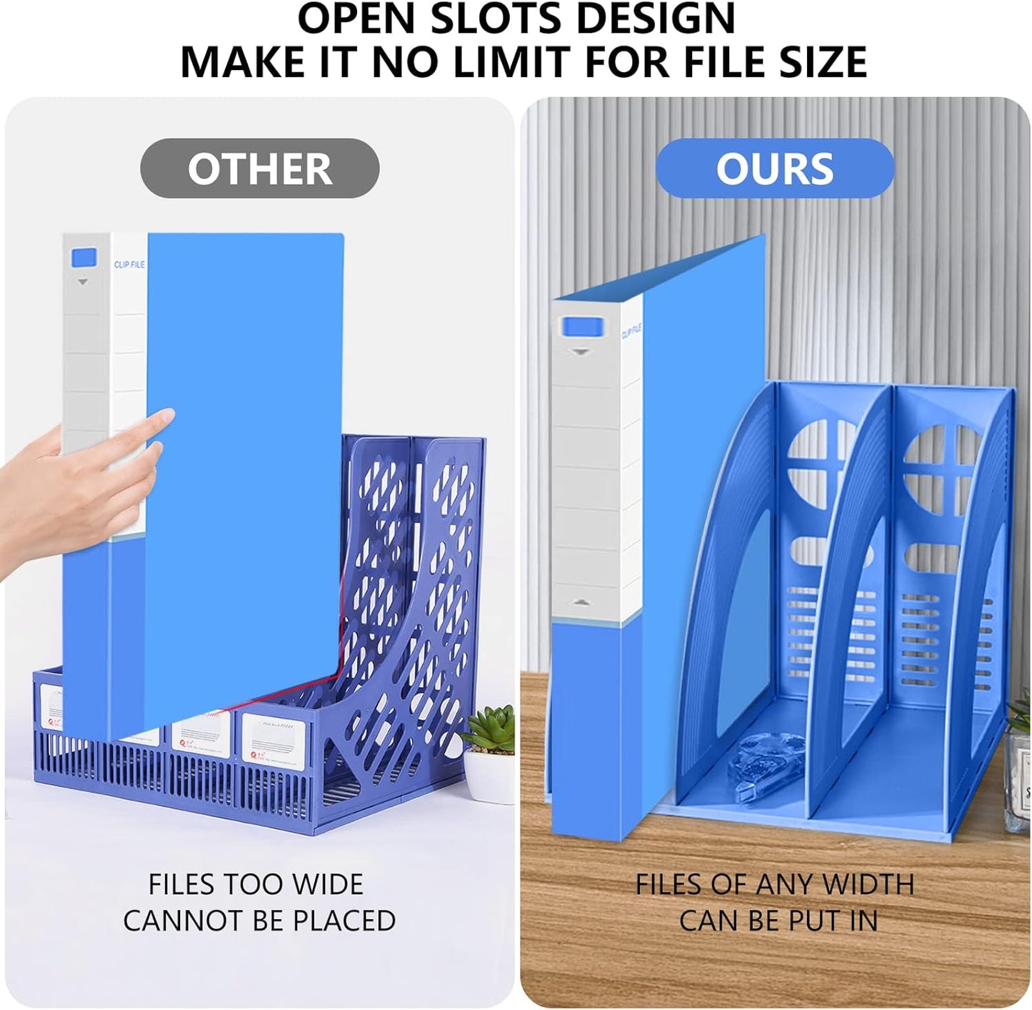 SAYEEC File Holders Folder Magazine Storage Holder Binder Stand 3 Compartment Blue Standing Files Bookshelf Organizer Magazines Divider Black Holds Documents for School Working Students