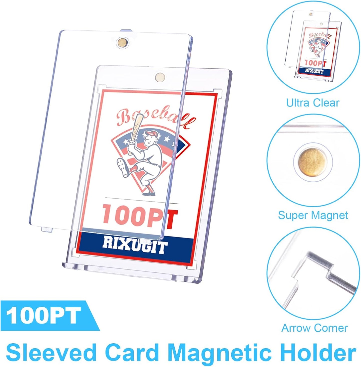 25-Pack Sleeved-Card Magnetic Holder - 100PT One Touch Magnetic Card Holder, Large Inner Size 2.63"x3.70". Fits Soft Card Sleeves on Cards First, Then into Card Holders for Double Protection