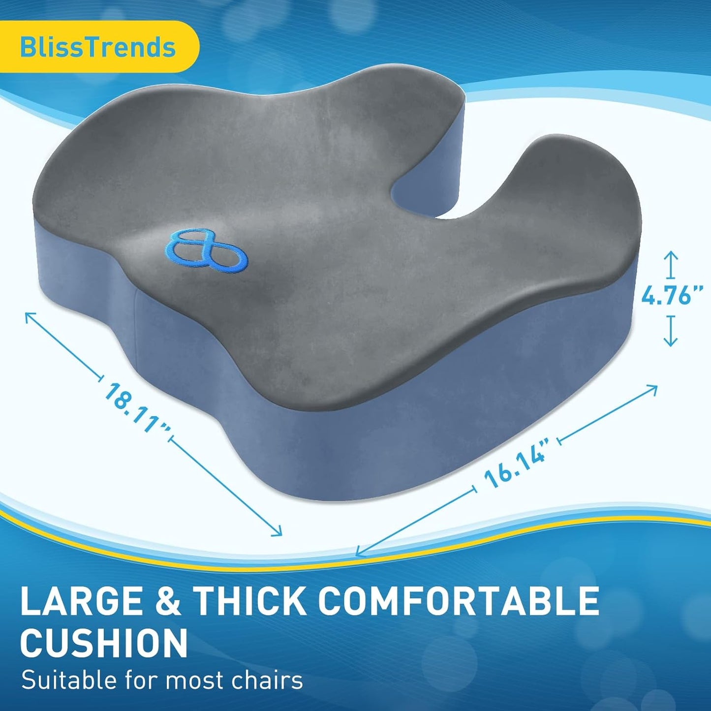 BlissTrends Seat Cushion,Thick Memory Foam Cushions for Office Chair, Car Seat, Airplane, Relieving Pressure Tailbone Sciatica Back Pain for Office Workers, Car Drivers 4.7in Thick Dark Grey&Blue