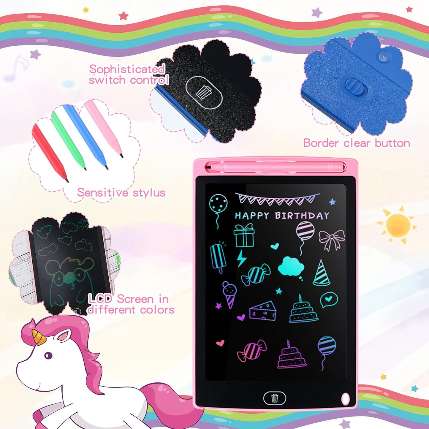 Tinlade 12 Pack LCD Writing Drawing Tablets 8.5 Inch Bulk Colorful Doodle Board Erasable Electronic Painting Drawing Pads Learning Toy Gifts for Kids Christmas School(Pink, Green, Red, Blue)