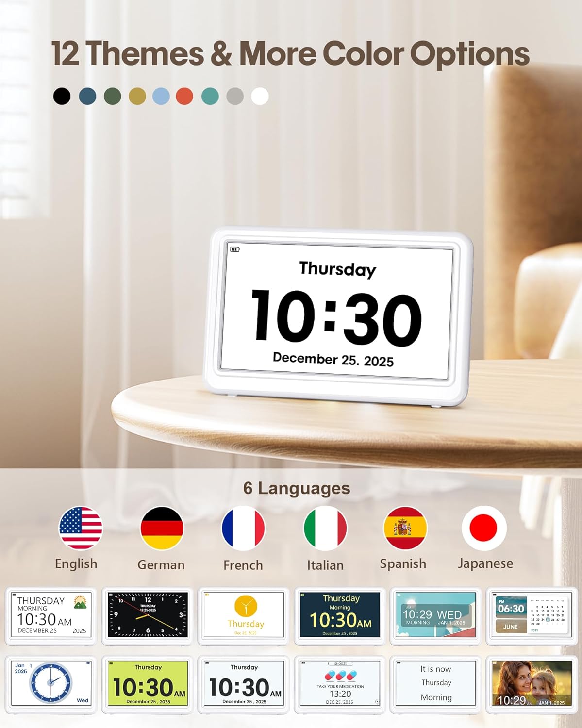 Digital Clock with Date and Day of Week, Dementia Clocks Battery Operated Alarm Clock with 20 Alarms and Medicine Reminders, 7" Large Display Rechargeable Desk Clock for Elderly Seniors Alzheimers