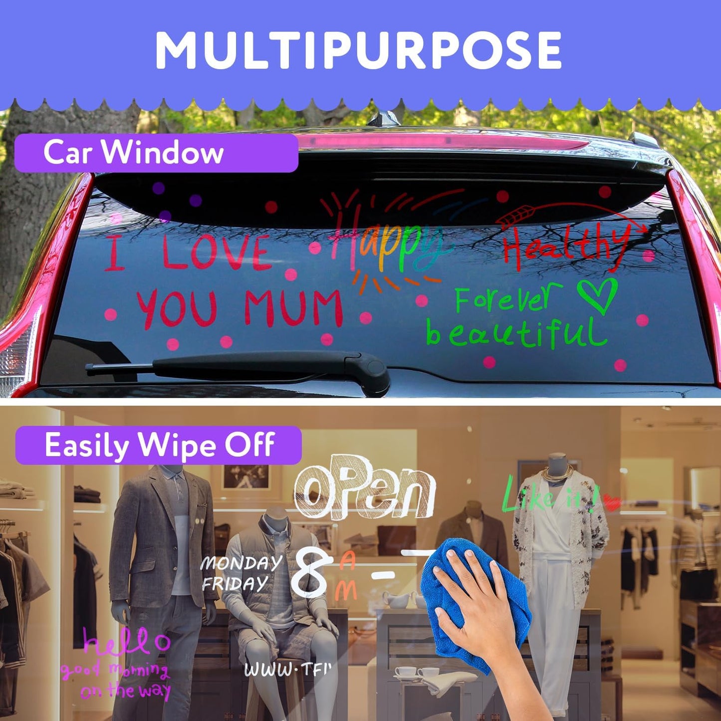 TFIVE Red Liquid Chalk Markers - 2 Pack Bright Colors Erasable Chalk Marker Pens, Reversible Tip, Non-Toxic, for Chalkboards, Signs, Glass, Easy to use Chalk markers TF800