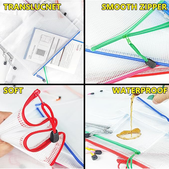 D-KINGCHY 24Pcs Zipper Storage Bags, Plastic Mesh Zippered Pouch for Organization, Waterproof Versatile Bags for Office Supplies School Travel