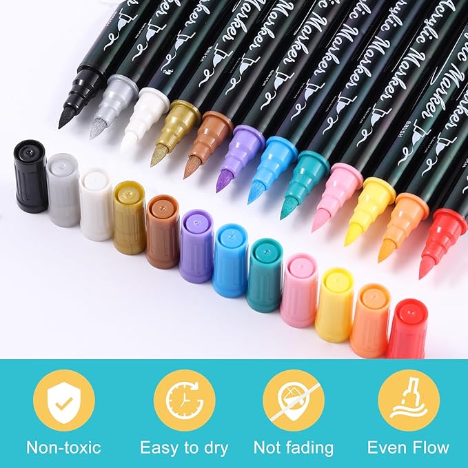 12 Colors Acrylic Paint Markers, Waterproof Dual Tip Acrylic Paint Pens with Brush and Fine Tip, Markers Set for Paper, Rock, Wood, Canvas, Glass, Ceramic and DIY Crafts Making Art Supplies
