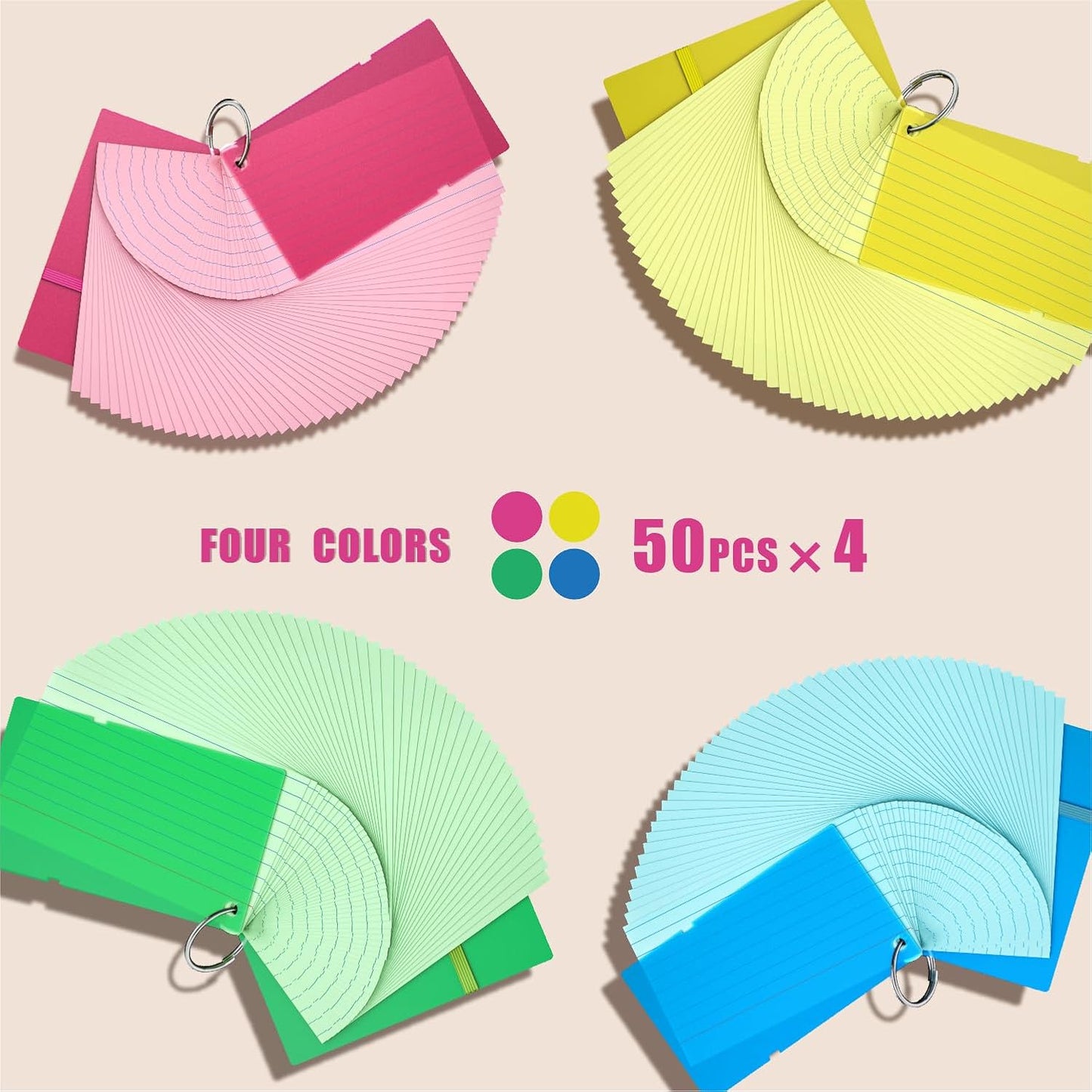 Colored Index Cards 3x5, YIZUUN Flash Cards with Ring, 200 PCS, Ruled Note Cards, Flash Cards for Studying, 3x5 Note Cards for Office, Home, School