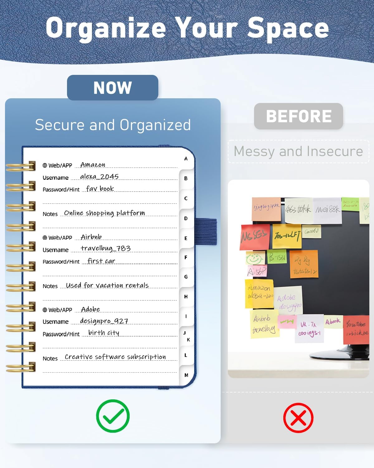 WEMATE Password Book with Alphabetical Tabs, Spiral Password Keeper Book for Seniors, Internet Password Notebook Password Journal Logbook Log in Detail, Small – 4.7''x 6'' (Navy Blue)