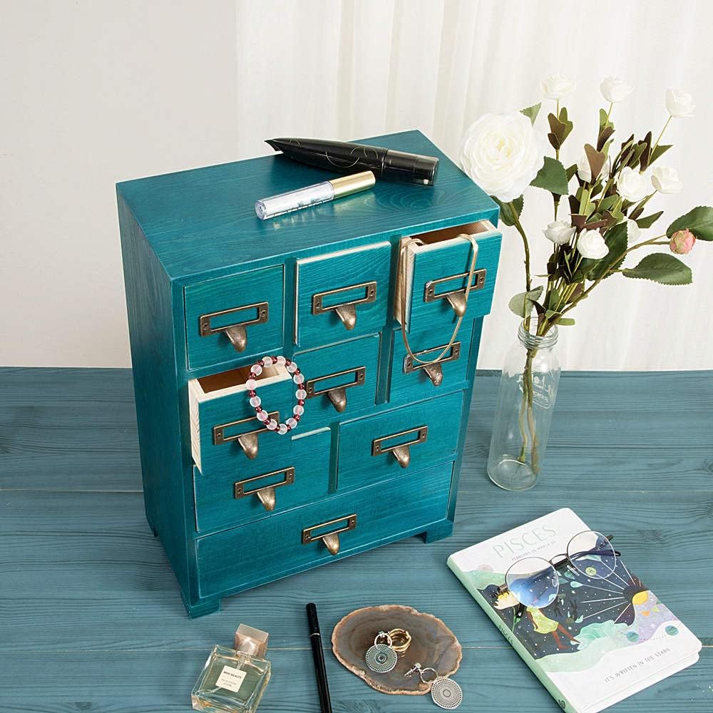 Apothecary Cabinet with 9 Drawers & Labels Rustic Library Card Catalog Cabinet Desktop Wooden Storage Box for Organize Herbal、Tea Bag、Jewelry (Blue)