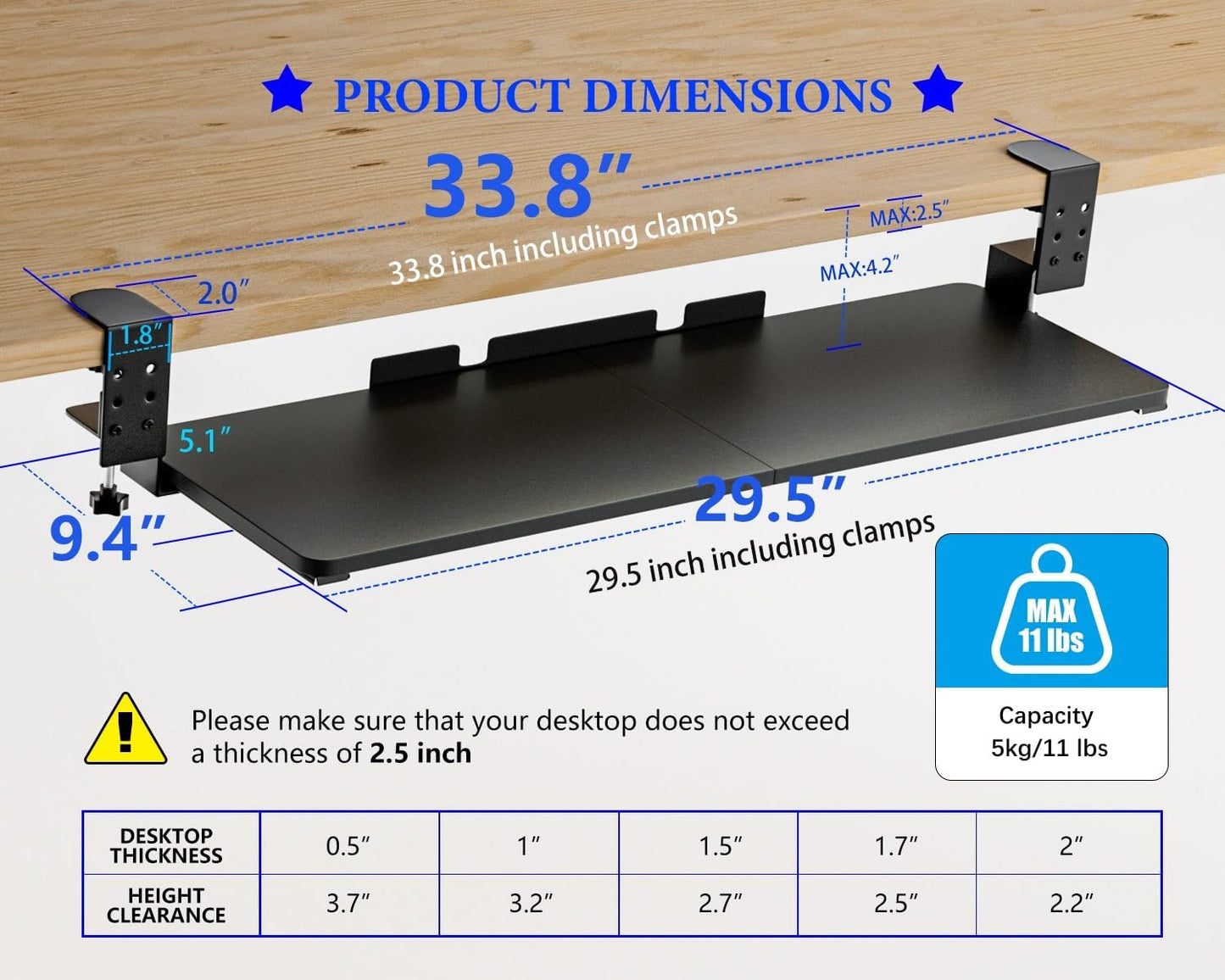 Large Keyboard Tray Under Desk, Adjustable Keyboard Tray with C-Clamp Hardware 29.5″ W x 9.5″ D Slide Out Computer Keyboard & Mouse Tray for Typing Home Office Black
