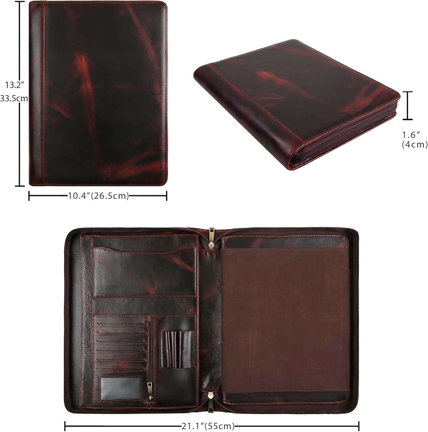 Handmade Genuine Leather Portfolio Organizer for IPad/Document, Business Padfolio with A4 Leather Notepad Holder, Leather Compact Folder Conference Portfolio for Men and Women, Red Brown