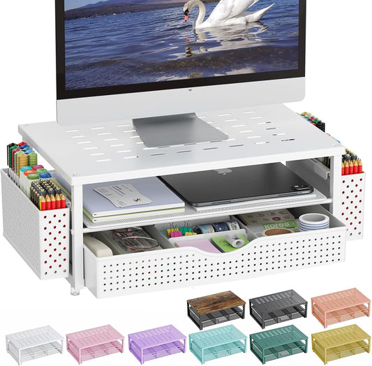 gianotter Desk Organizers and Accessories, Monitor Stand with Drawer and 2 Pen Holder, Desktop Organizer Suitable for Offices and Dormitories (White)
