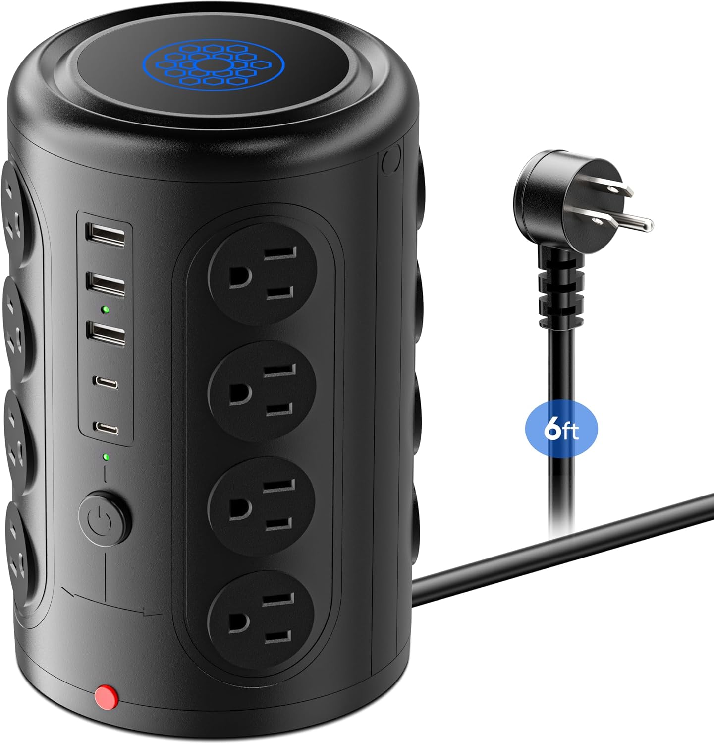 Heavy Duty Power Strip Tower with 16 Outlets and 5 USB Ports (2 USB-C), TenTrend 1500J Surge Protector with Multiple Outlets, 6 FT Extention Cord for Home Office Desk, Dorm Room Essentials Black