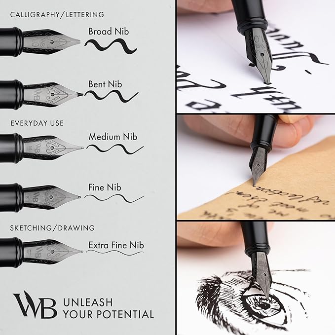 Wordsworth & Black Fountain Pen Set, Medium Nib, Includes 24 Pack Ink Cartridges, Ink Refill Converter & Gift Box, Calligraphy, [All Black], Perfect for Men & Women