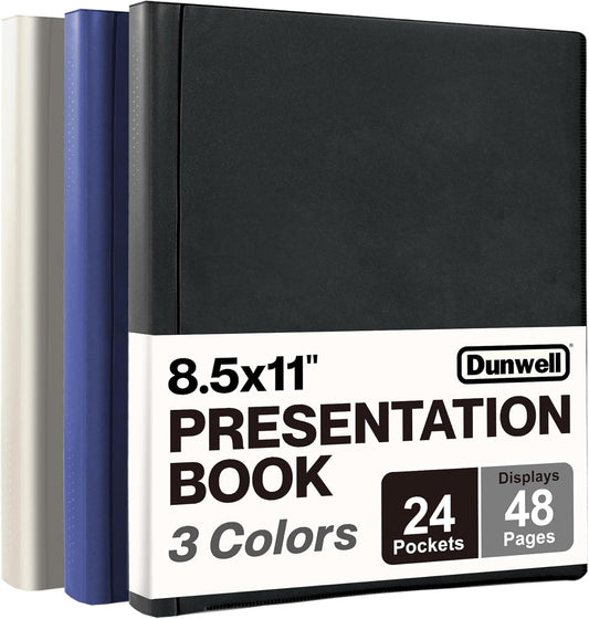 Dunwell Presentation Binder 24-Pocket, Displays 48 Pages, 8.5x11 Portfolio Binder with Plastic Sleeves, Storage and Organizer for Documents, Certificates, Projects, Photos (3 Pack, Assorted)