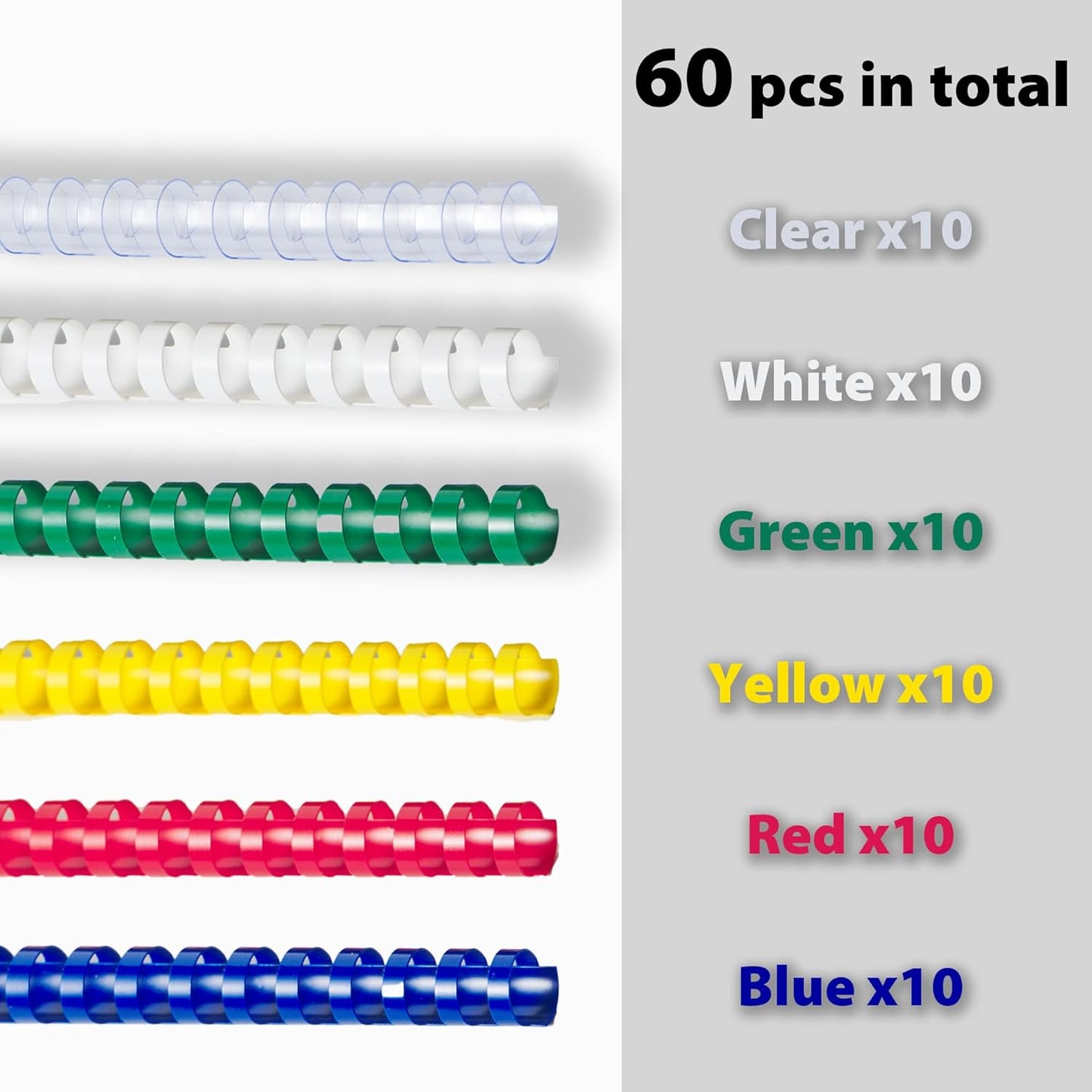 TOTiyea 60 Pack 19 Ring Plastic Binding Combs, Comb Binding Spines, 5/8 Inch (16mm) Diameter, 125 Sheet Capacity, Letter Size, Assorted Colors (Clear, White, Red, Yellow, Blue, and Green)