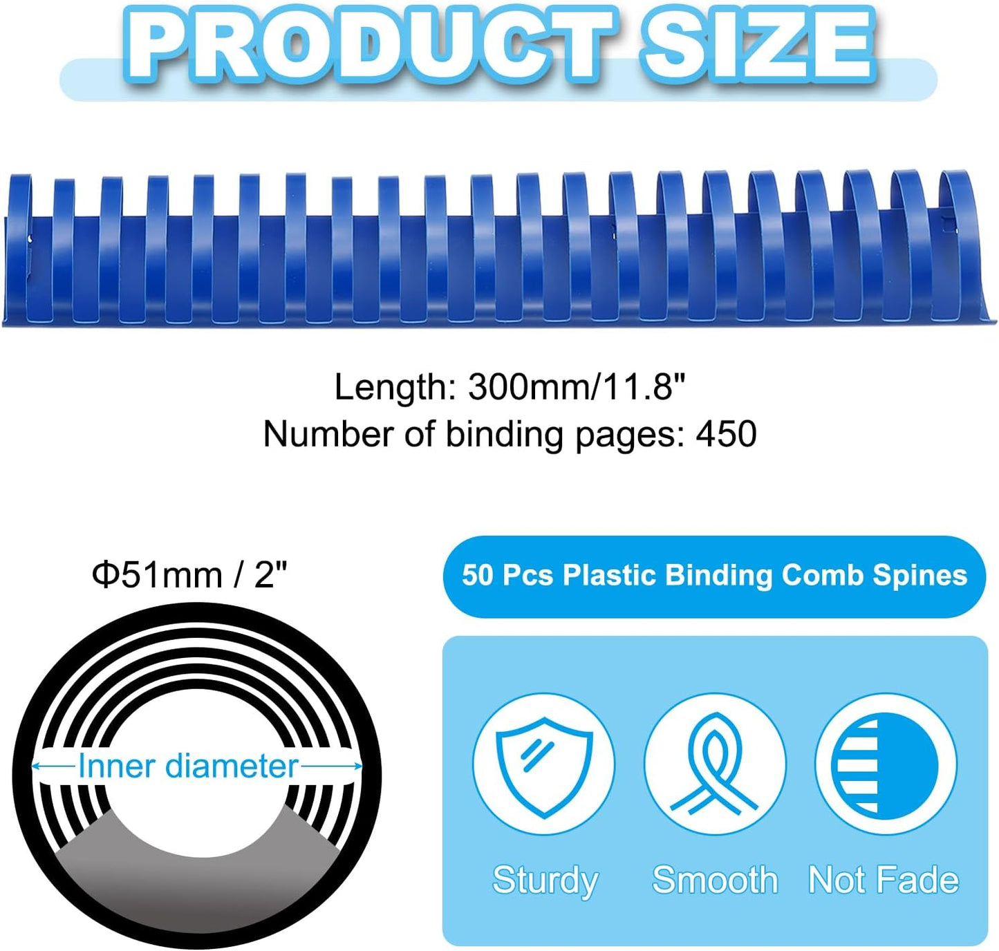 PATIKIL 51mm (2") Plastic Binding Combs, 50 Pcs 21 Rings Comb Binding Spines 450 Sheet Capacity Letter Size for Binding Paper Sheets Notebook Calendar Picture Album, Blue