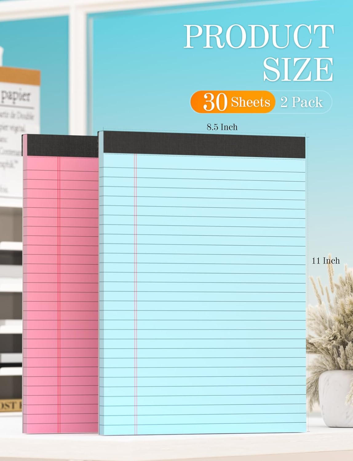 Colored Legal Pads 8.5 x 11, 2 Pack Pink Notebook Paper 8.5 x 11, Colored Note Pads 8.5 x 11 Notepad, Paper Pads 8.5 x 11 Writing Pads, Colored Lined Pads of Paper 8.5 x 11, Wide Ruled, 30 Sheets/Pad
