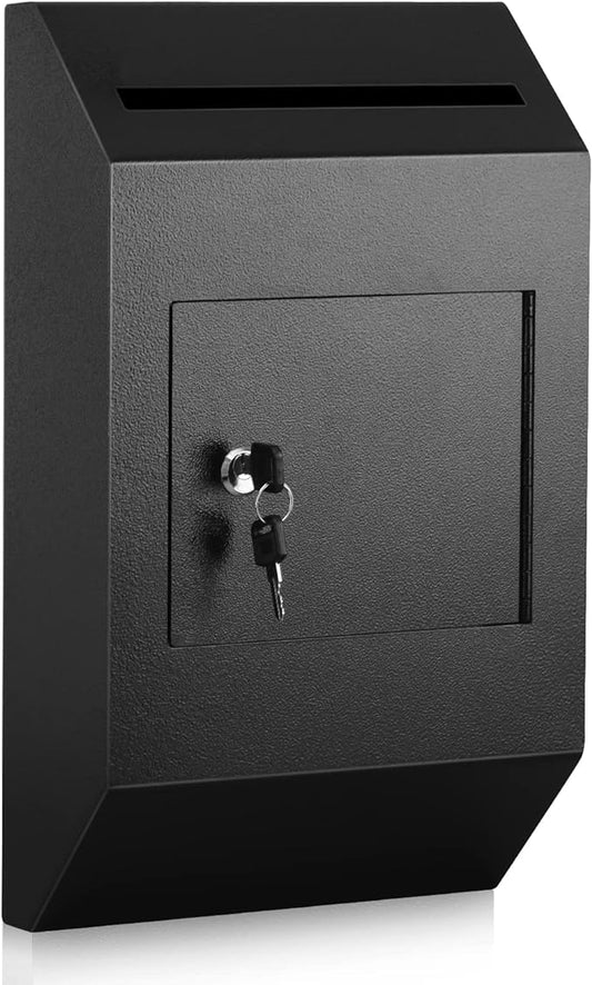 xydled Wall-Mount Mailbox,Heavy Duty Deposit Drop Box Suggestion Box, Locking Metal Key Drop Box with Key Lock, Cash Money Drop Box Safe Storage Box Postbox for Home&Business Use,16.3’’x10’’x4’’,Black