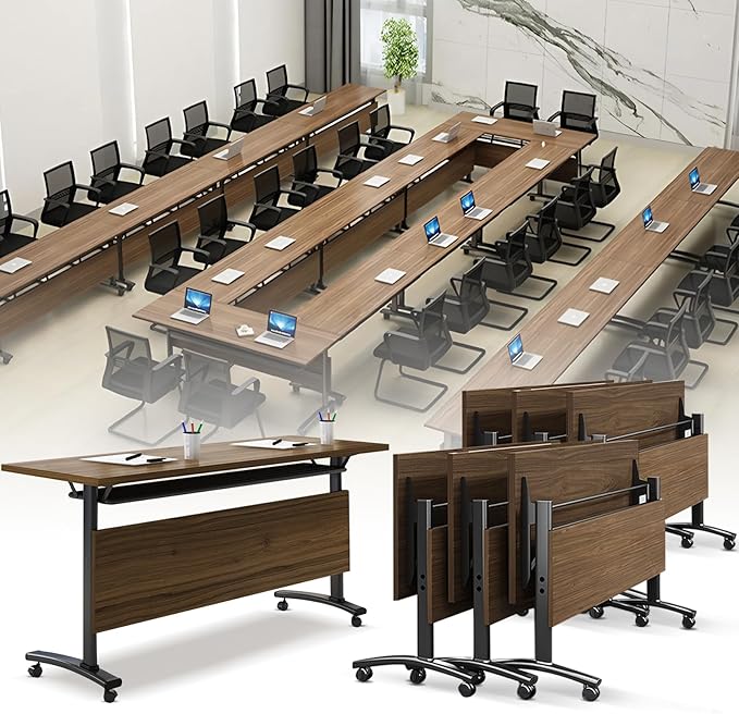 Folding Conference Room Table, Modern Conference Tables with Wheels, Large Rectangular Mobile Training Tables for Office Classroom, Foldable Modular Boardroom Seminar Table Walnut (6pack L63in)