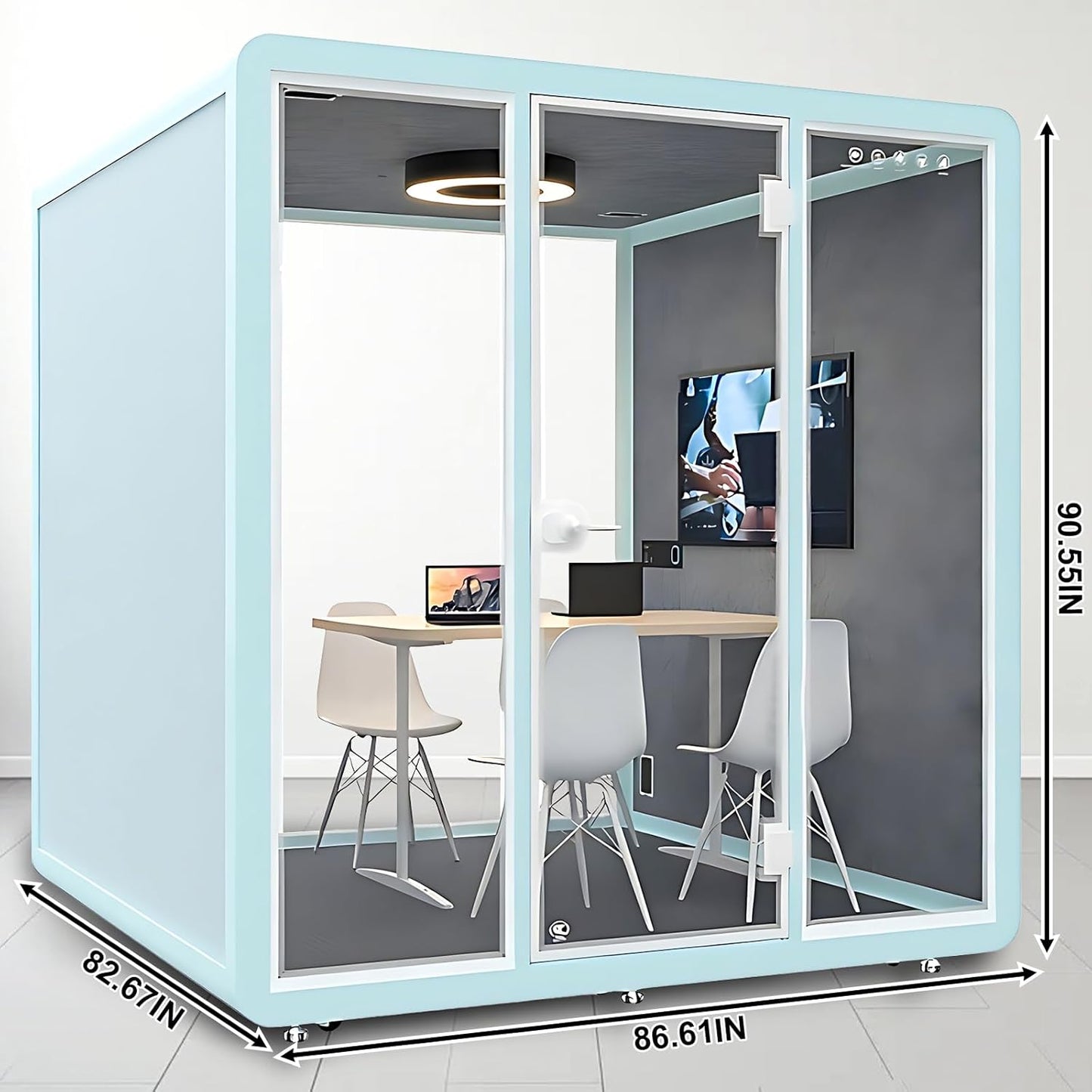 Office Sound Booth with Audio Privacy - Freestanding Soundproof Booth Includes Light Blue Frame Design,Modern Soundproof Room with Light, Socket,Casters for Meeting,Negotiation (86.61IN)