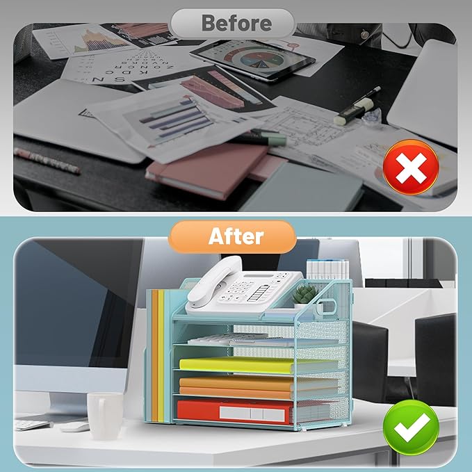 DocNest 5 Tier Paper Letter Tray File Organizer, Mesh Desk File with Handle, Workspace Desk Organizers with Pen Holder, Office Organization Storage Accessories - Blue