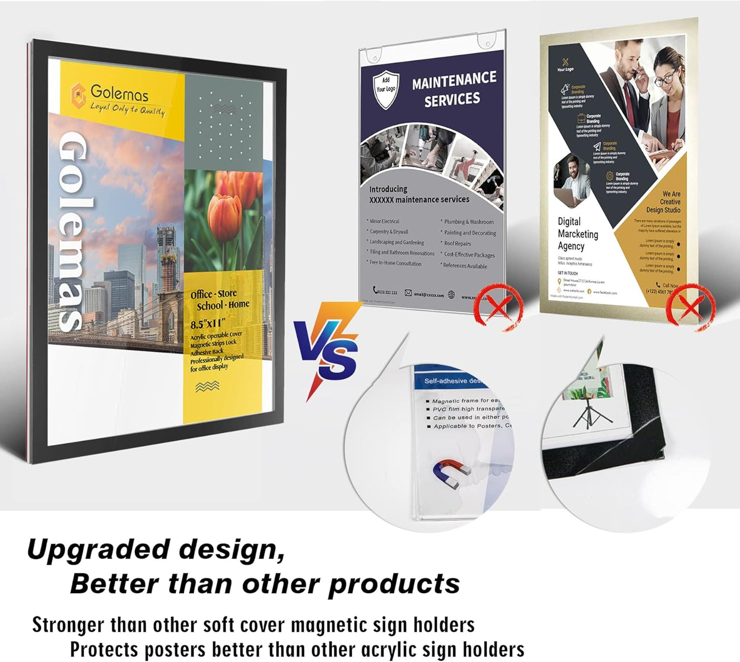 Acrylic Magnetic Sign Holder, Easy-Opening 8.5 x 11 Wall Mount Display Frames, Self Adhesive Back Plastic Clear Document Frame, Horizontal & Vertical Display (Black, 12Pack)