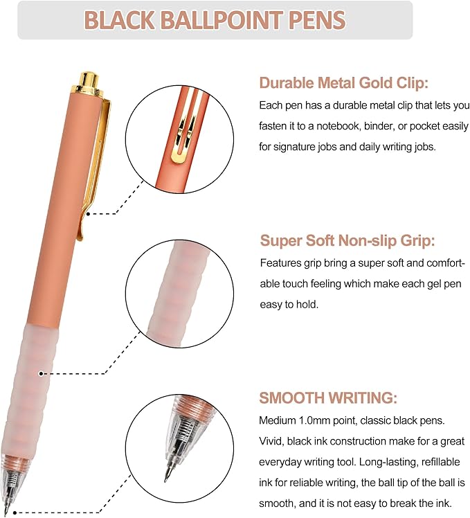 Linbsunne Ballpoint Pens Medium Point 1mm Black Ink Work Pen with Super Soft Grip Ball Point Pen for Men Women Retractable Office Pens (Gold Clip-6 count)