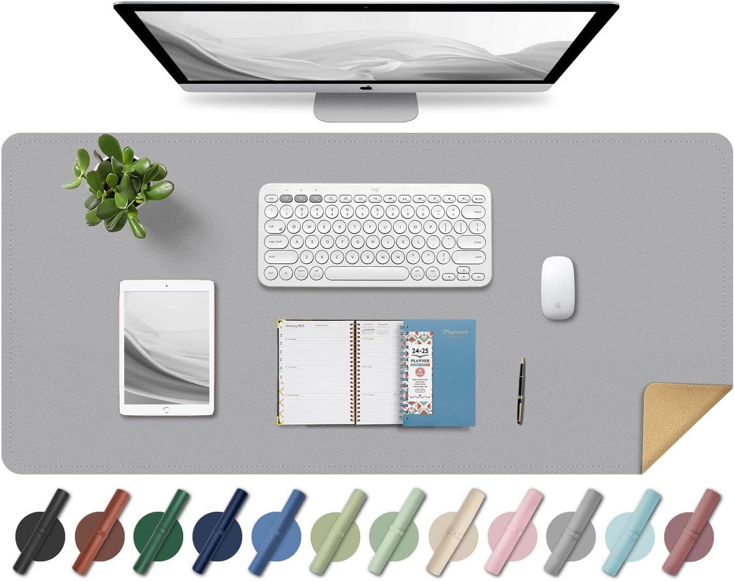 BLESWIN Large Desk Pad 35.4"" x 17"", Non-Slip Desk Mat with PU Leather & Natural Cork, Waterproof Writing Desk Natural Cork, Computer Mat Desk Protector for Office Home, Light Grey