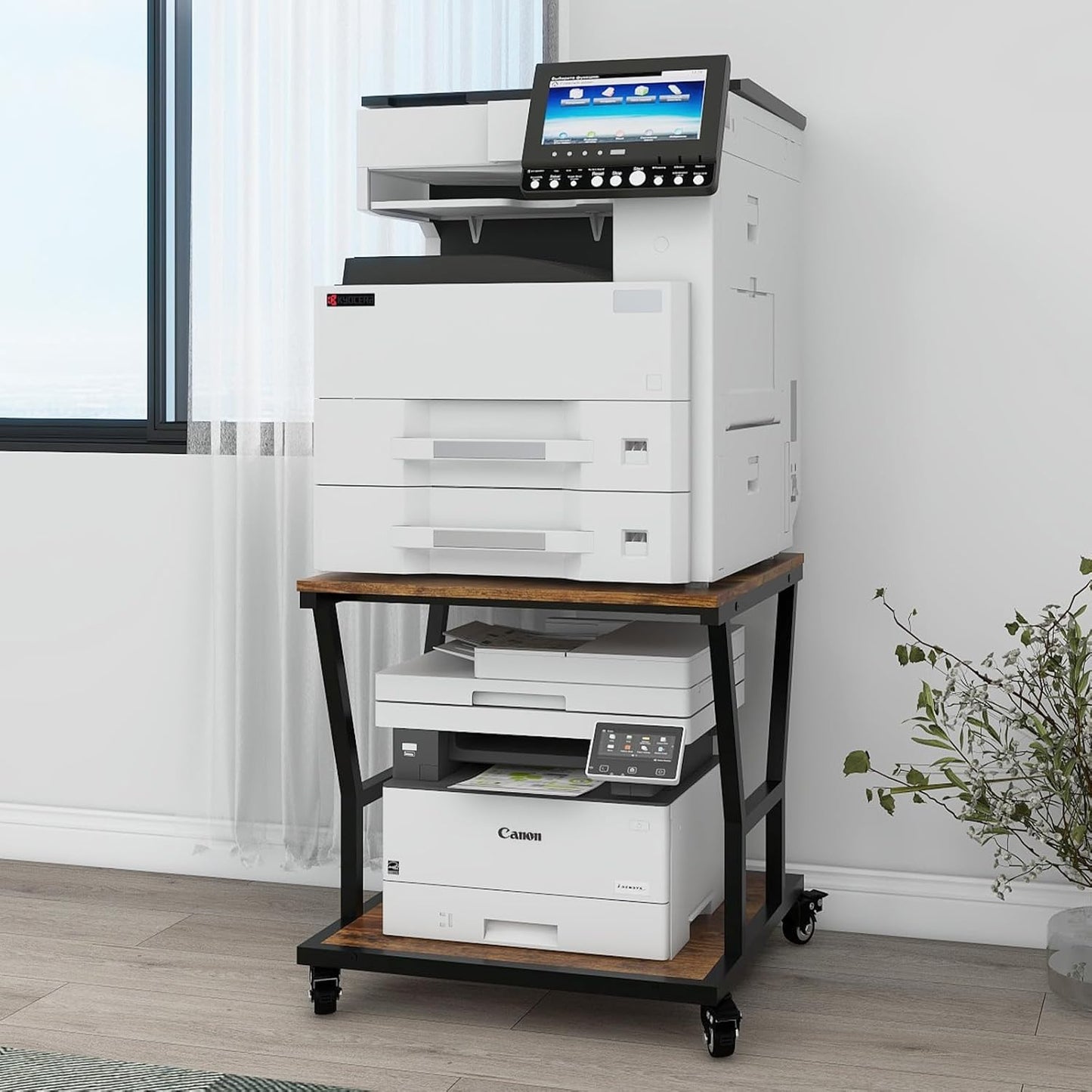 Natwind 2-Tier Large Printer Stand,23.6"x23.6"x29.5" Heavy-Duty Printer Table Cart with Paper Storage Shelf & Wheels,Ideal for Home Office Laser Printers, Copiers (Retro)