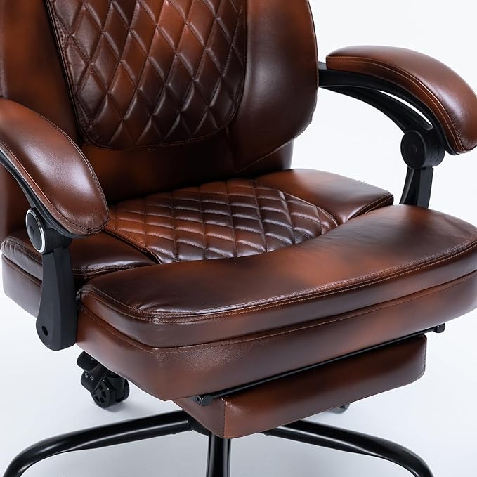 Ergonomic Office Chair with Foot Rest, Executive Chair with Footrest PU Leather Computer Chair, Big and Tall Chair Reclining Desk Chair, Thick Padded Coil Spring Seat, 400 lbs Capacity (Brown)