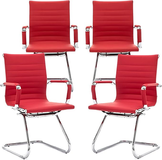 Office Desk Chair Set of 4,No Wheels PU Leather Computer Chairs Mid Back Guest Chairs with Seld Base for School/Reception/Conference/Waiting Room, Burgundy Red
