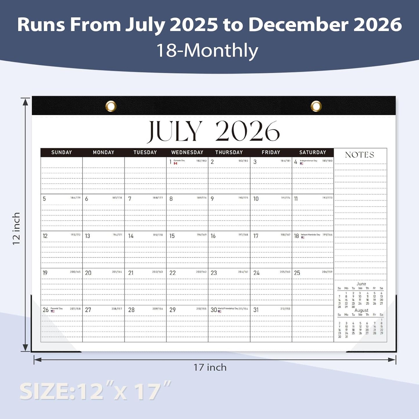 Desk Calendar 2025-2026, 18 Months (July 2025 to December 2026) - Large Size 17" x 12" Desktop/Wall Monthly Calendar with To Do List, Personal Desk Calendar Planner for Home, School, Office - Black