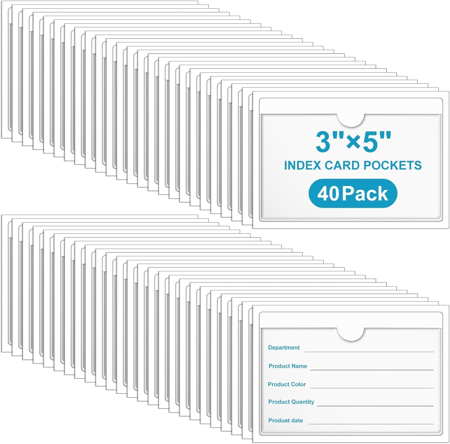 40 Pack 3" x 5" Index Card Pockets with Top Open Self-adhesive Index Card Holders Clear Plastic Labels Holders for Storage Bins, Organizing