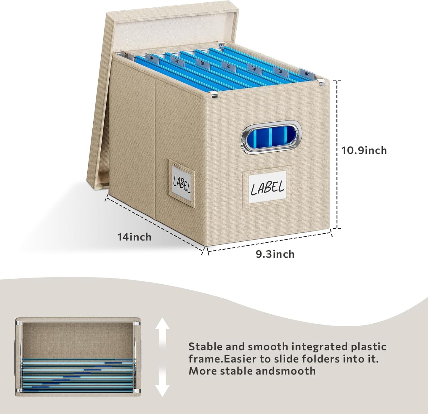 File Organizer Box with Lid - Set of 2 Portable Hanging filebox, Collapsible Linen Decorative Filing Storage Boxes for Office & Home File Cabinet (Beige 14 x 9.3 x 10.9 inch)