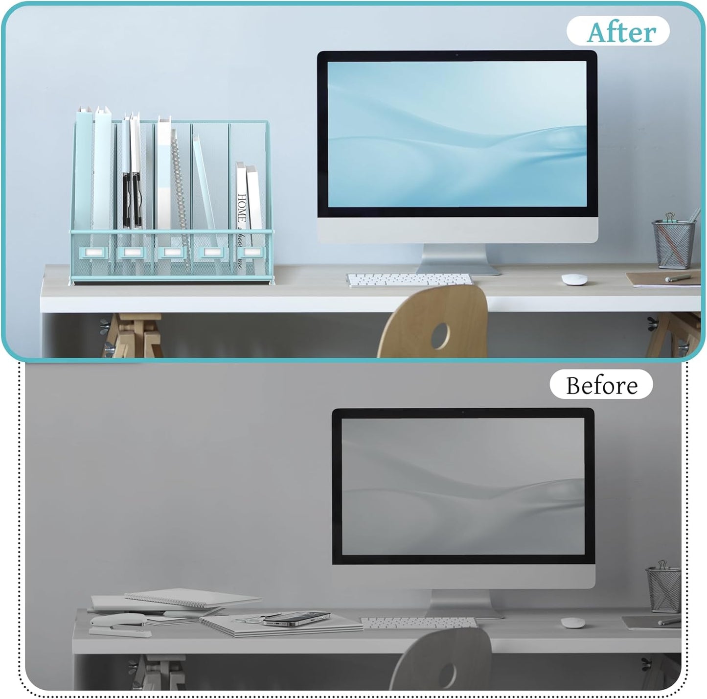 SUPEASY Desk Organizers Metal Desk Magazine File Holder with 5 Vertical Compartments Rack File Organizer for Office Desktop, Home Workspace, Blue