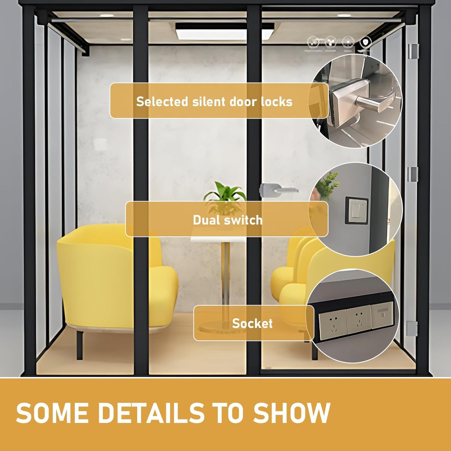 Office Sound Booth with Audio Privacy - Modern Soundproof Booth Includes Black Transparent Glass Design,Freestanding Office Room with Light, Fans,Casters for Negotiation,Meeting(86.61IN)