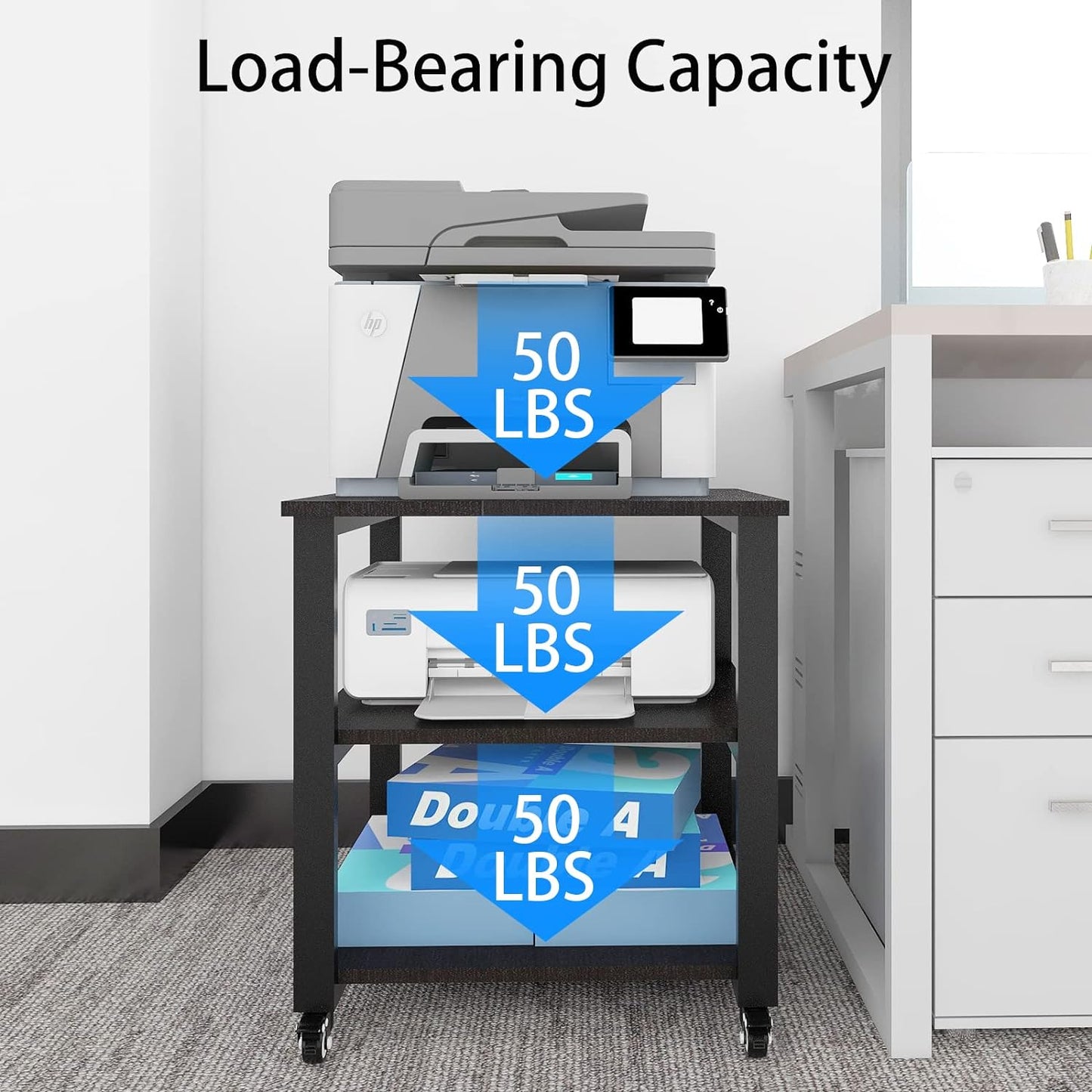Natwind 3-Tier Laser Printer Cart,19.7''x19.7''x22.6'' Large Machine Stand,Heavy Duty Rolling Table with Storage,Floor-Standing Rack on Wheels,Paper File Organizer Shelf for Home Office (Black)