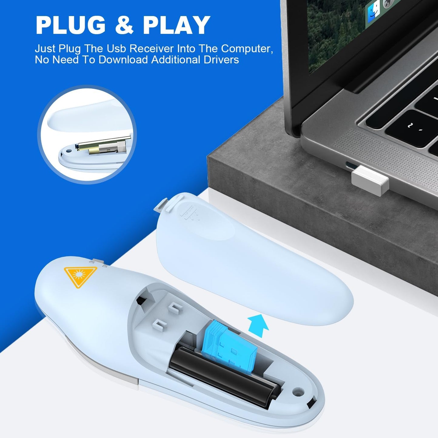 QUI Presentation Clicker Wireless Presenter Remote Clicker for PowerPoint Presentation Remote, PowerPoint Slide Advancer for Mac/Windows/Linux, Google Slide/PPT/Keynote, USB, Blue