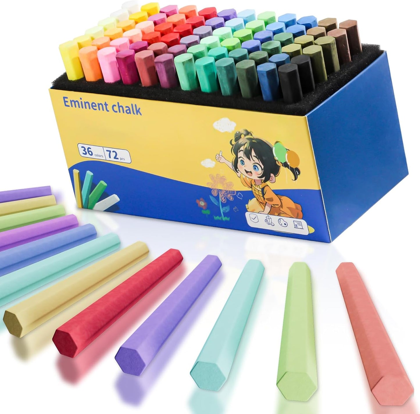 72PCS Washable Sidewalk Chalks Set, 36 Colors Non-Toxic Chalk Paint Bulk for Kids, Oversized Colored Chalk for Painting on Chalkboard, Chalk Pavement and Outdoor Art Play