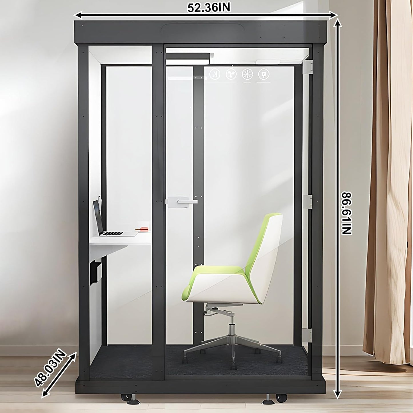 Office Sound Booth with Audio Privacy - Modern Soundproof Booth Includes Black Transparent Glass Design,Freestanding Office Room with Light, Fans,Casters for Study,Game (52.36IN)
