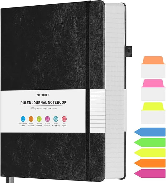 Lined Journal Notebook, Large A5 College Ruled Notebook, 312 Numbered Pages Work Notebook with Index Stickers, 100gsm Thick Paper, Hardcover Vegan Leather Journal for Women Men School Office, Black