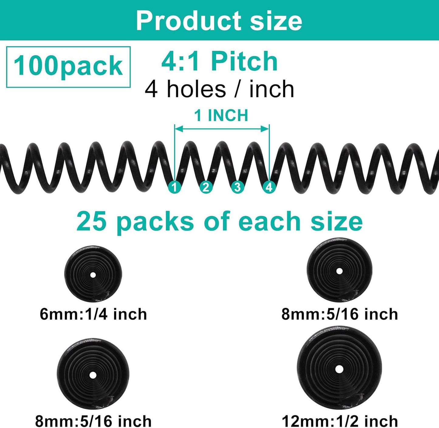 Plastic Spiral Binding Coils 100 Pack, Coil Binding Multi Sizes (6mm+8mm+10mm+12mm), 4:1 Pitch Black Binding Spirals for Students and Coworkers
