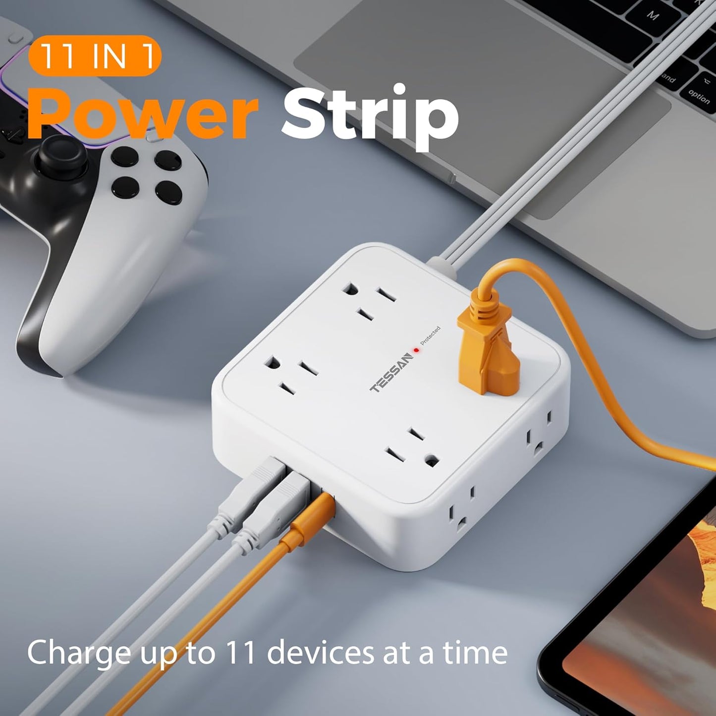Extension Cord with Multiple Outlets, TESSAN 10 FT Surge Protector Power Strip Flat Plug, 8 AC Outlets, 900J 3 USB Ports (1 USB C), Desk Charging Station with Protection for Home, Office, Dorm Room