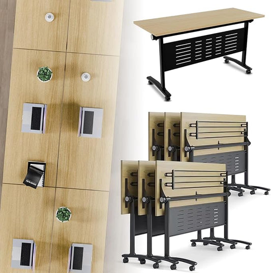 Folding Conference Room Table, Modern Conference Tables with Wheels, Large Rectangular Mobile Training Tables for Office Classroom, Foldable Modular Boardroom Seminar Table Maple (6pack L47.2in)