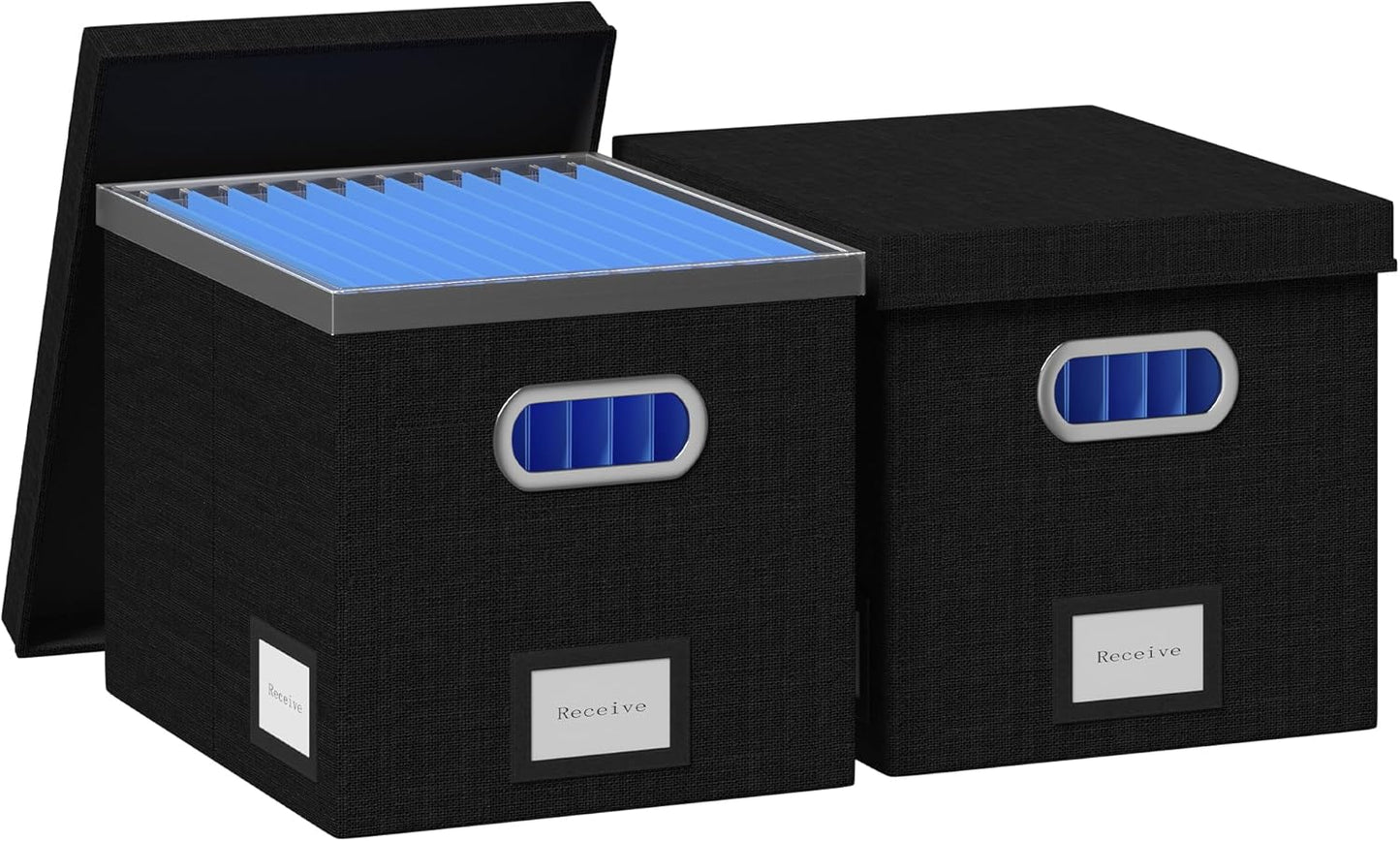 File Organizer Box - File Boxes for Hanging Files with Lid Set of 2 Decorative Hanging Folders Letter Size Organizer with One-Piece Plastic Frame Slides (Black, 13.2 * 10.1 * 10.1in(2Pack))