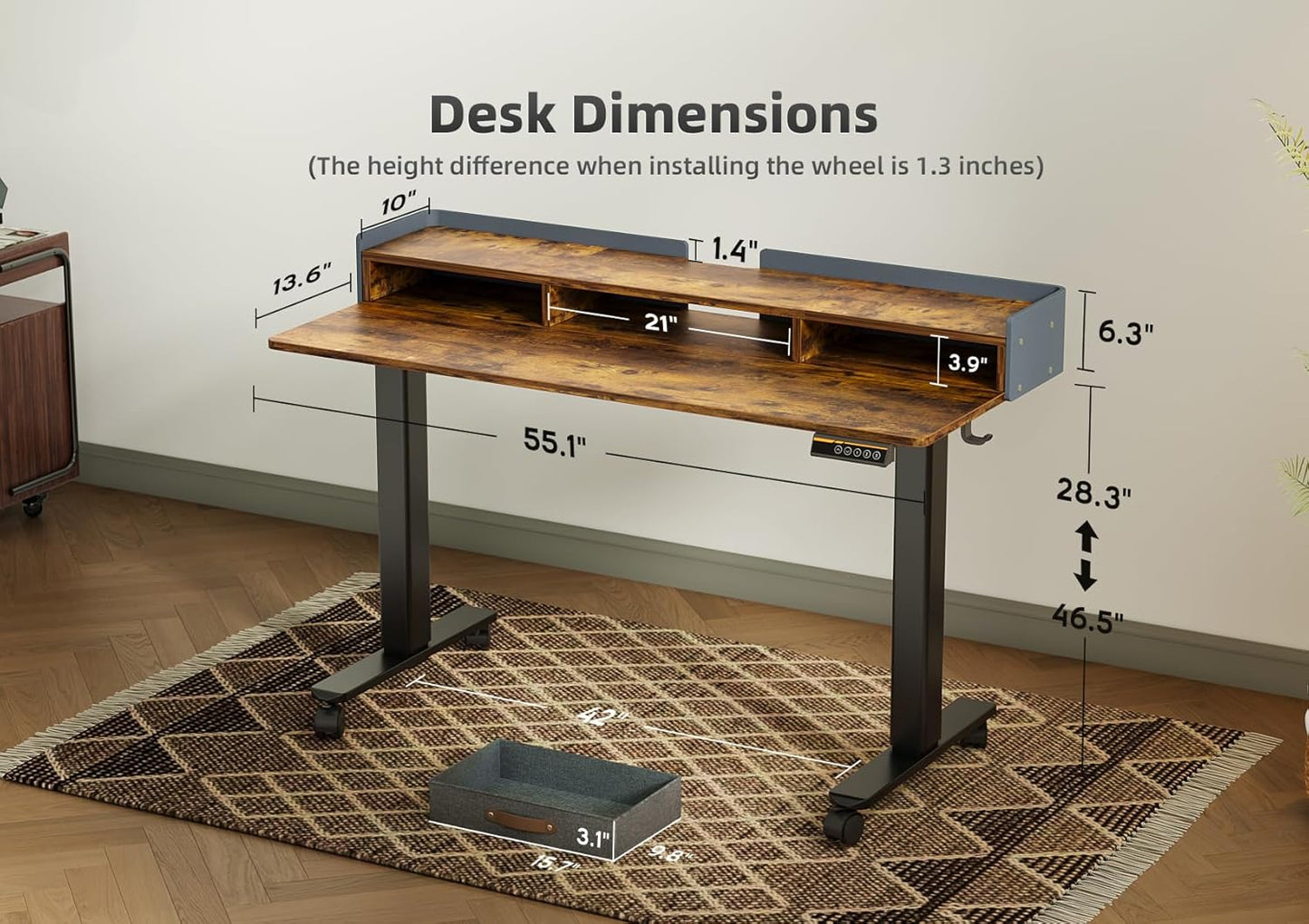 YDN Standing Desk with Drawers, 55 Inch Standing Desk Adjustable Height, Adjustable Electric Stand Up Sit Stand Small Desks with Storage and Shelf, Rustic Brown