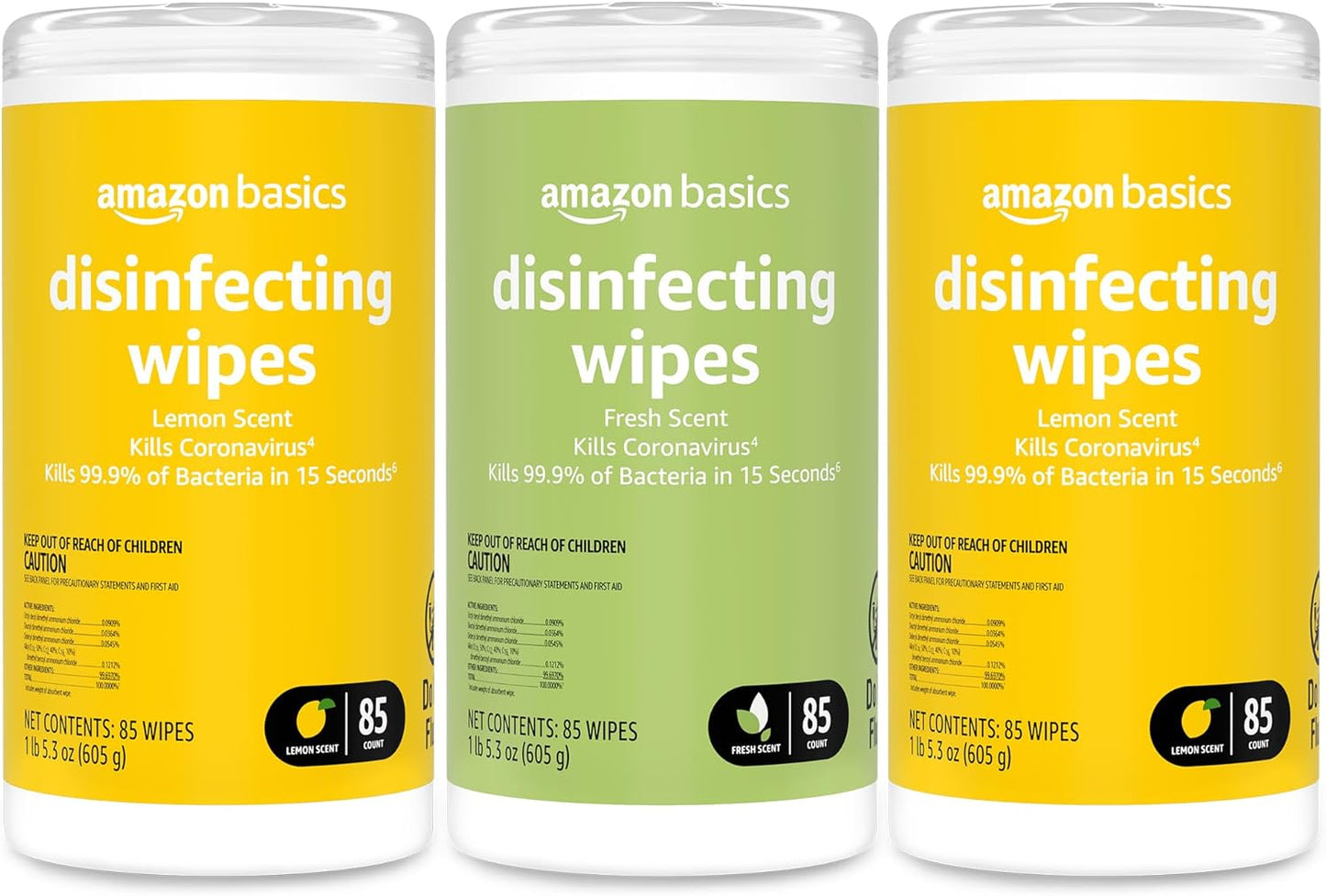 Amazon Basics Wipes, Lemon & Fresh Scent, Sanitizes, Cleans & Deodorizes, 255 Count (3 Packs of 85)