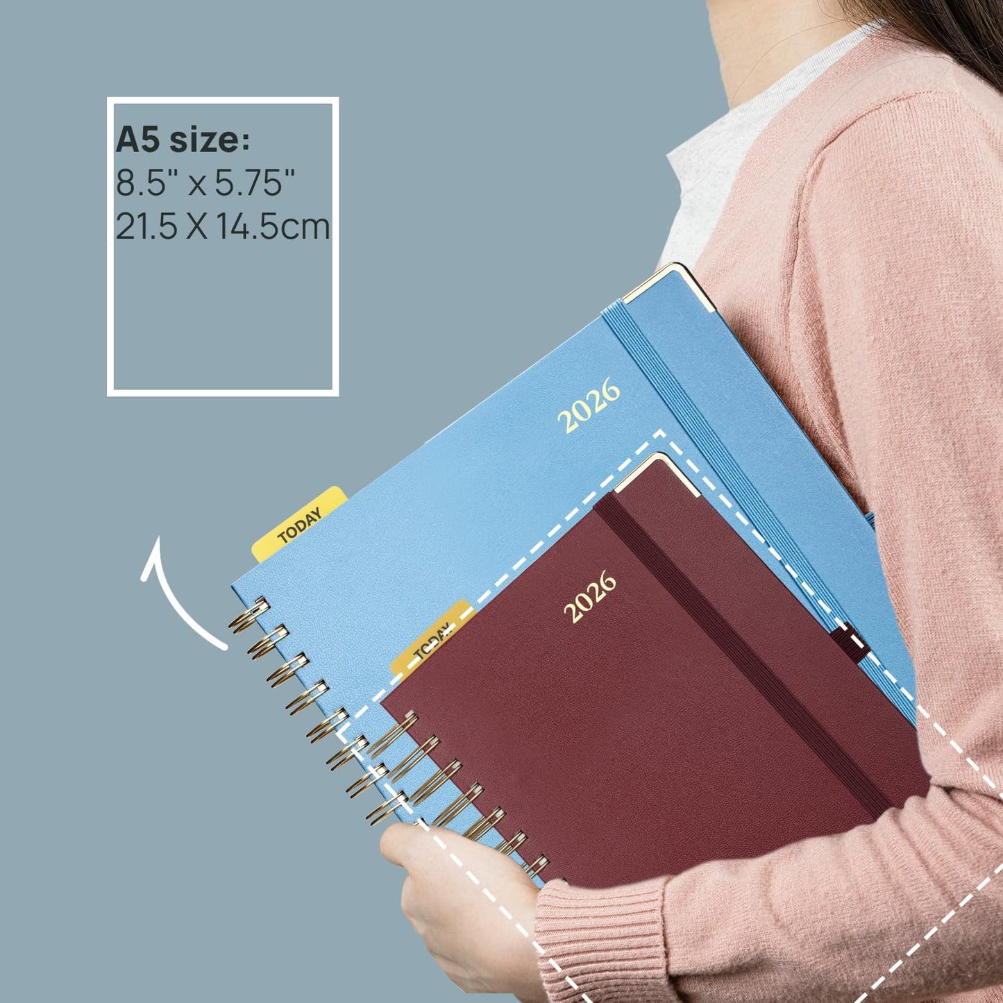 POPRUN 2026 Daily Planner One Page A Day - [8.5" x 5.75" Wire-Bound Hard Cover] Agenda 2026 Hourly Appointment Book with Monthly Calendar, Inner Pocket, Ivory Paper - Orange