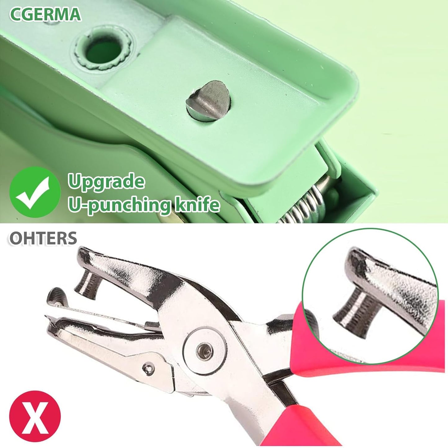 Single Hole Puncher, 1/4" Hole, 50% Labor Savings, Heavy Duty Metal Punch, 15 Sheet Capacity, for ID Cards, Chipboard, Art Project, Crafts Easy Punching, Green