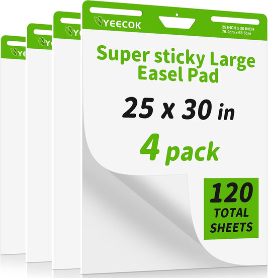 Sticky Easel Pad 25 in x 30 in, 30 Sheets/Pad, 4 Pads/Pack, Sticky Flip Chart Paper for Teachers, Super Sticking Power & Bleed-Resistant